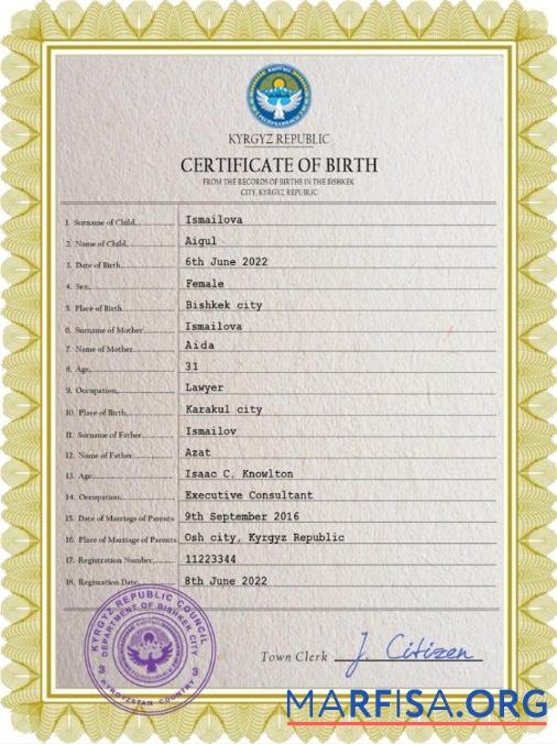 Blank Kyrgyzstan vital record birth certificate PSD template